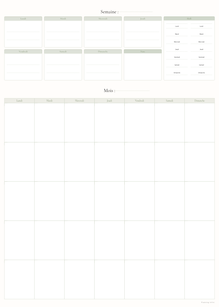 Aperçu dessiné de la structure du planning familial : la semaine du lundi au dimanche avec colonne Shift, la case Note, et la grille du mois en dessous — ambiance Sauge